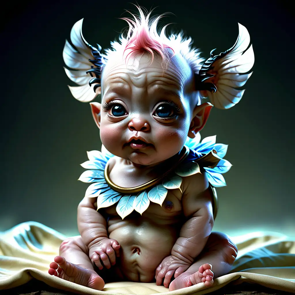 A photorealistic image of an adorable, mythological baby pukwudgie