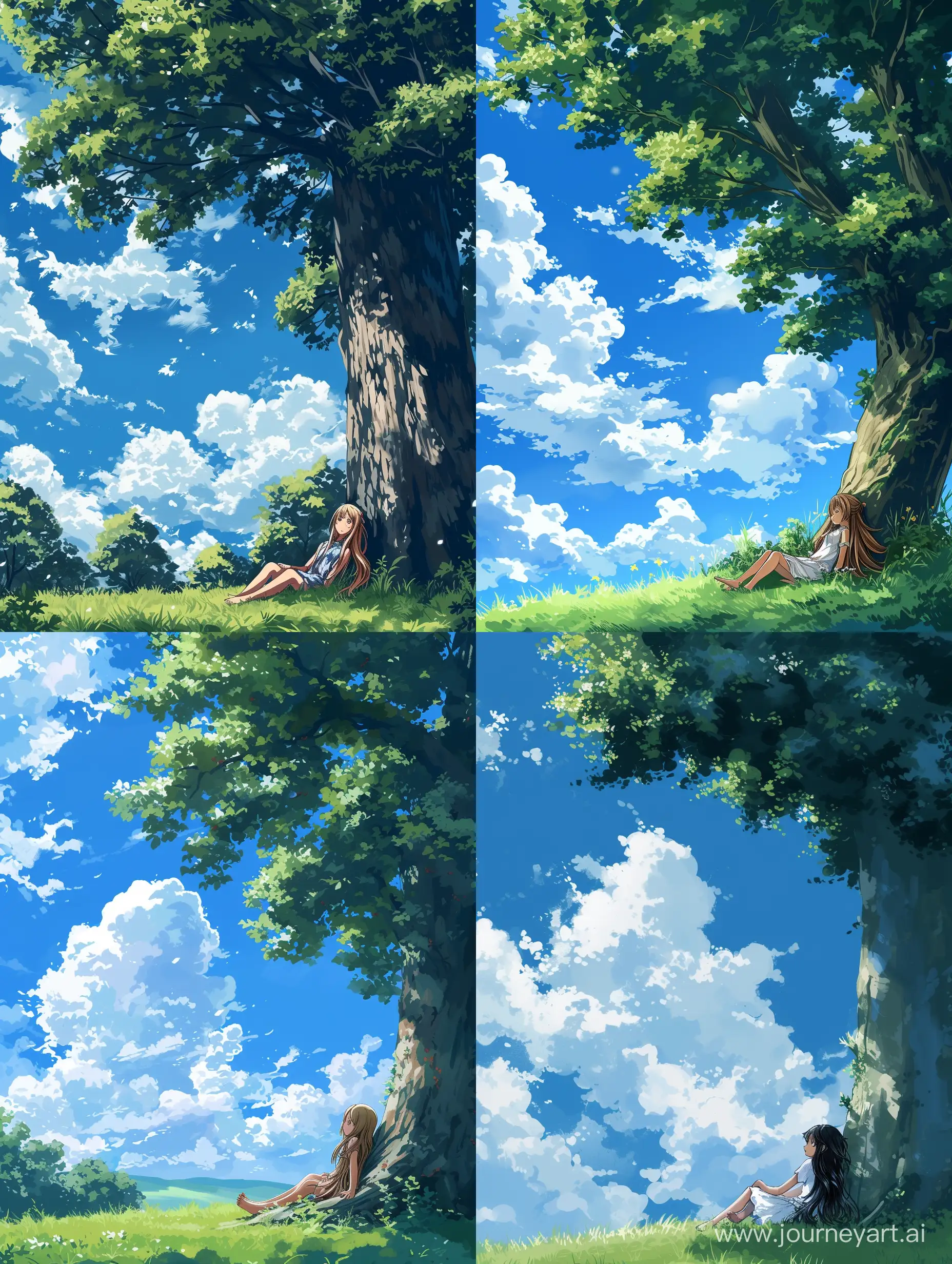 画一个蓝天白云草地，一个长发女孩依靠大树休息