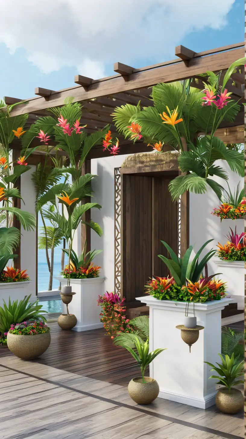 a beautiful pergola by the sea in Bali, tropical vibrant flowers, tropical plants, cozy and peaceful, 3D render, MJ V6, ultra detailed, best illustration