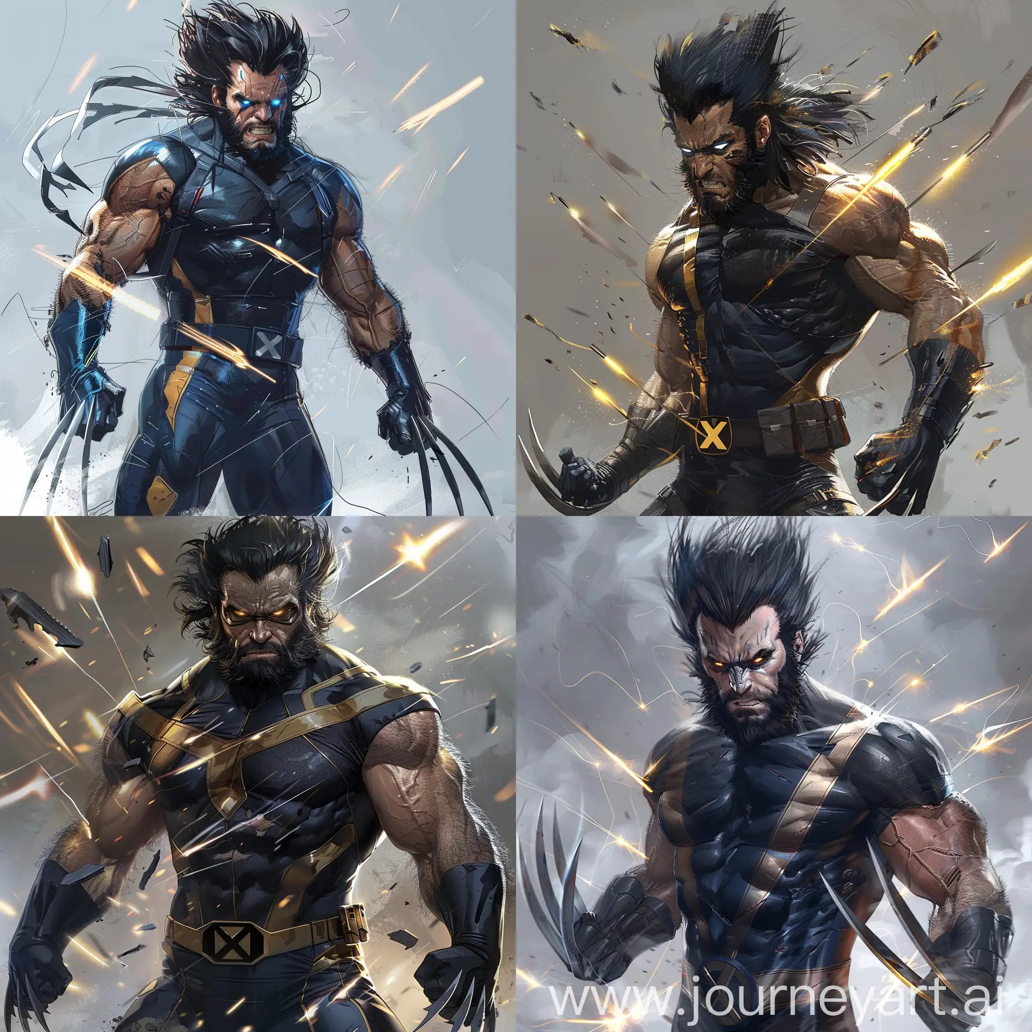 A male superhero, Black hair,Tall,Ripped, x-men style uniform, psionics claws are extended from his  nails, pronounced canines, scrubby beard, long hair, glowing eyes, sharp psionic bolts are floating around him,