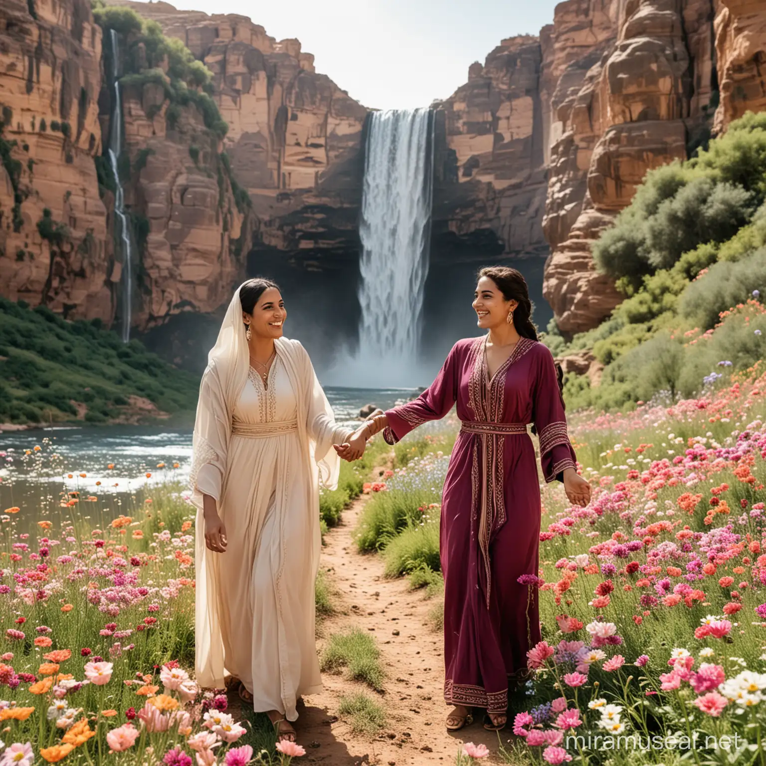 Multicultural Friendship Smiling Arab and African Women in Flower Field with Waterfall