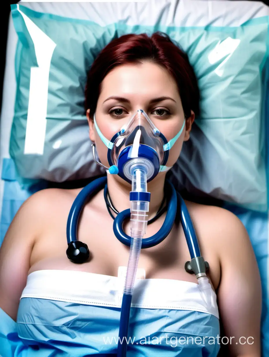 Larger woman stethescope, affection, clear full face oxygen mask, clear pvc brassiere, icu bed