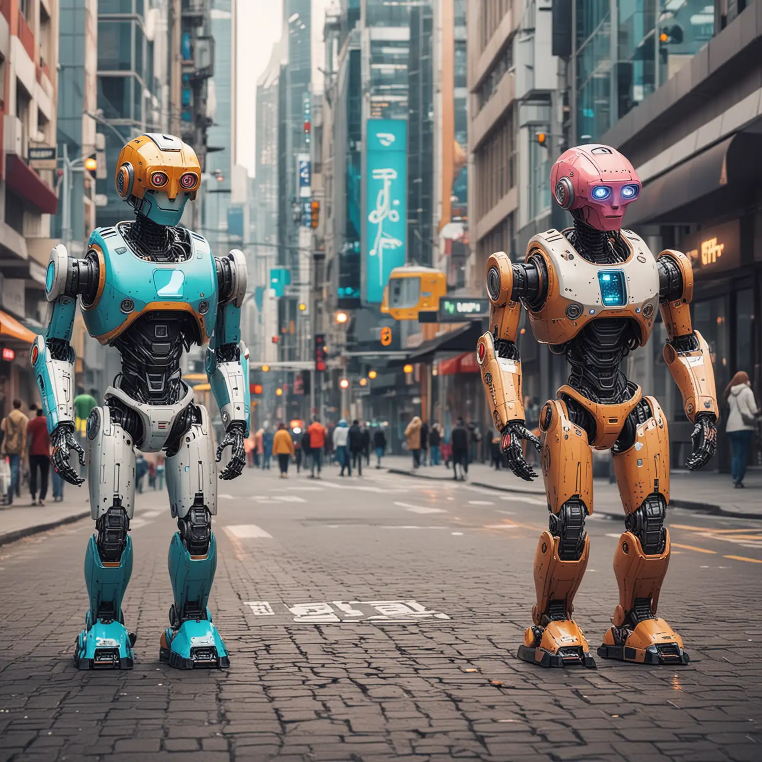 colorful fun robots in normal daily life activities in futuristic city