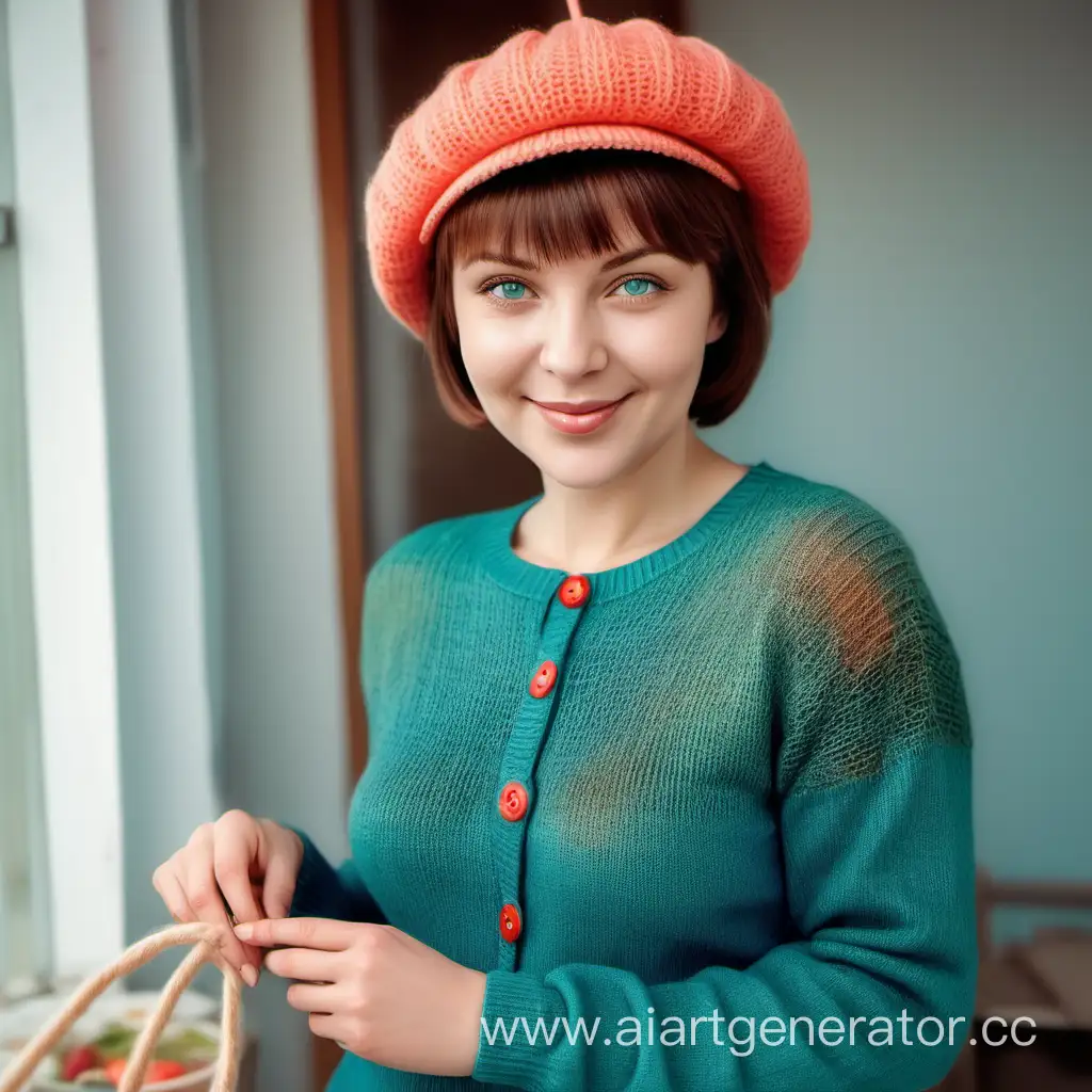 Charming-Mom-Knitting-by-the-Sea-Creative-Woman-in-Green-Sweater-and-Peach-Hat