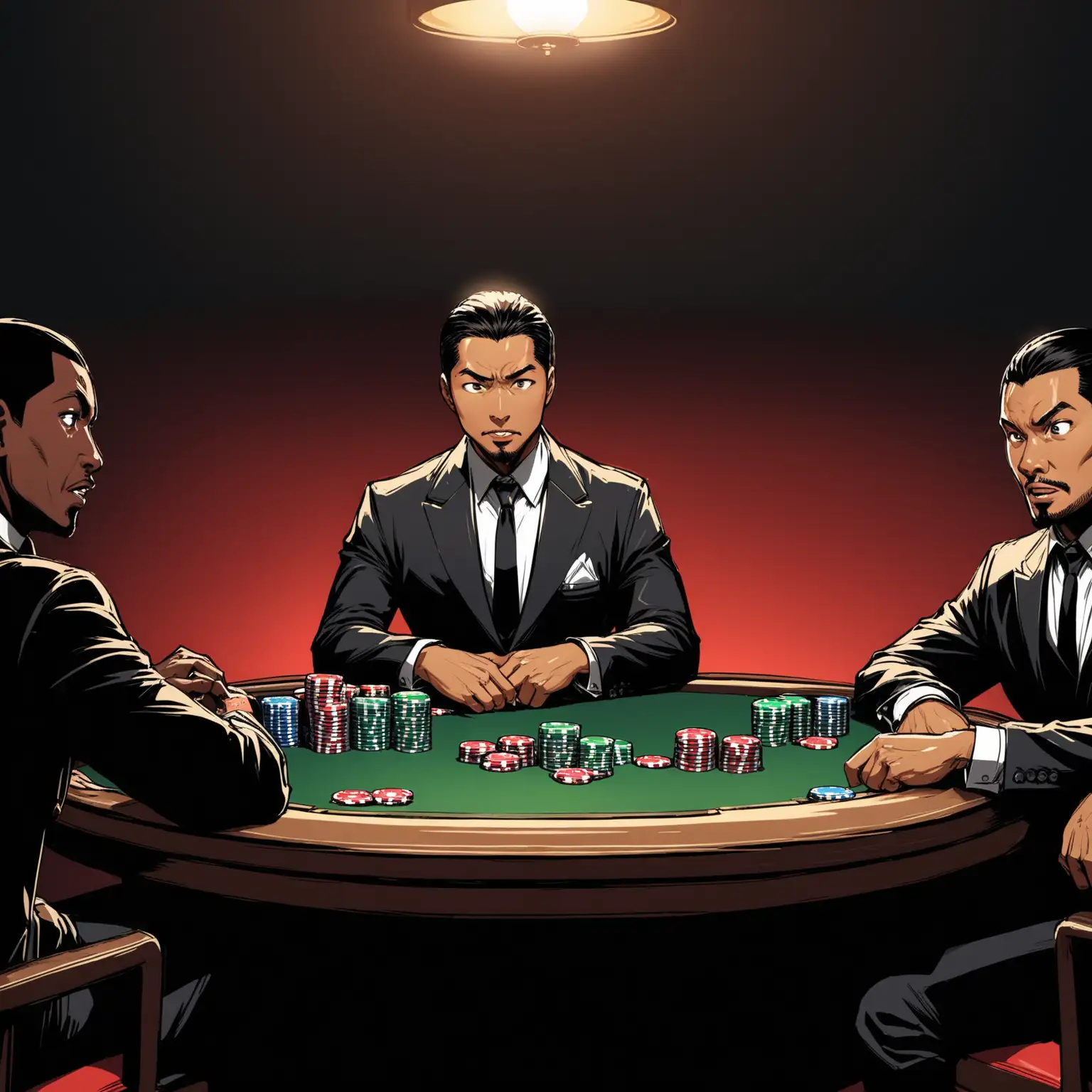 A dim room with red lights. It was once a speakeasy, now its a modernized lounge where the players play. We are looking Over the shoulder of an african amercan man dressed in a black, suit at 1 asian man very handsome is dressed in dark jeans and a black button up but very nervous  both sitting at the table, deep in a game of poker. Chips stacked. Stacks of cash, stashed around the table. The asian guy has a very cocky facial expression
