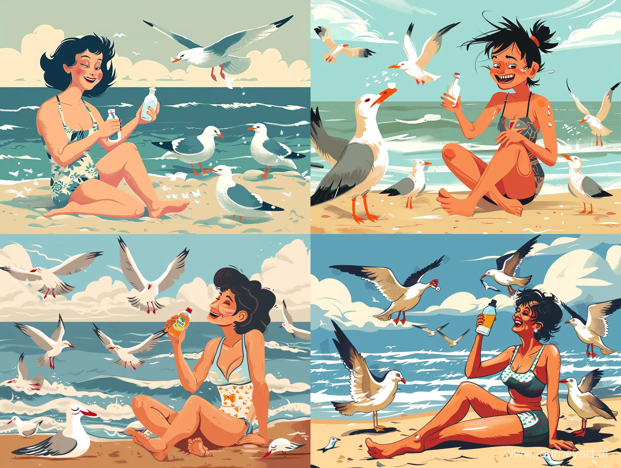Happy-Grandmother-Feeding-Seagulls-on-Seashore-with-Black-Hair-and-Swimsuit