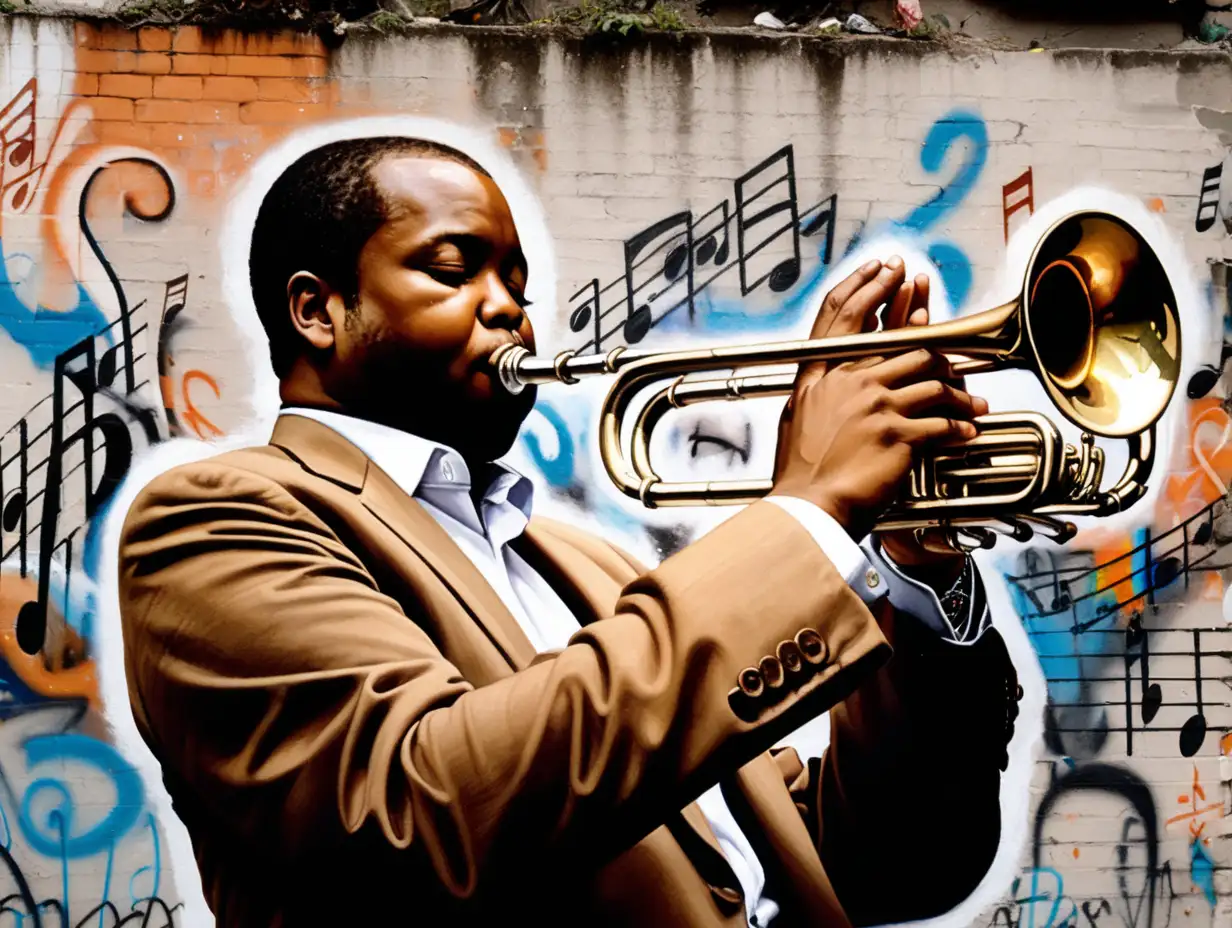 Maceo playing the trumpet with musical notes floating in the background, graffiti 