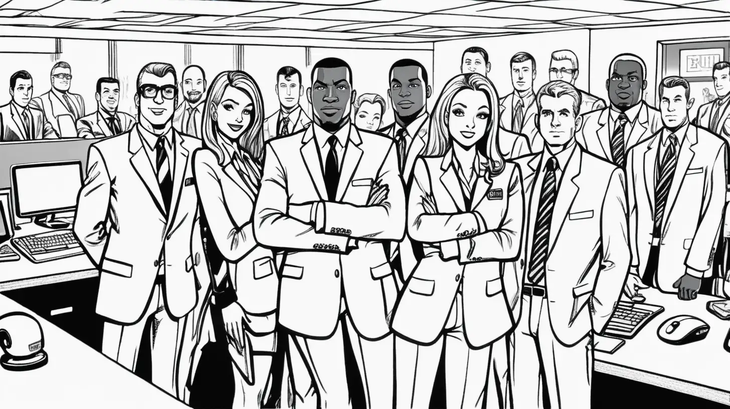 Diverse Workforce Unites Futuristic Office Cartoon in Black and White