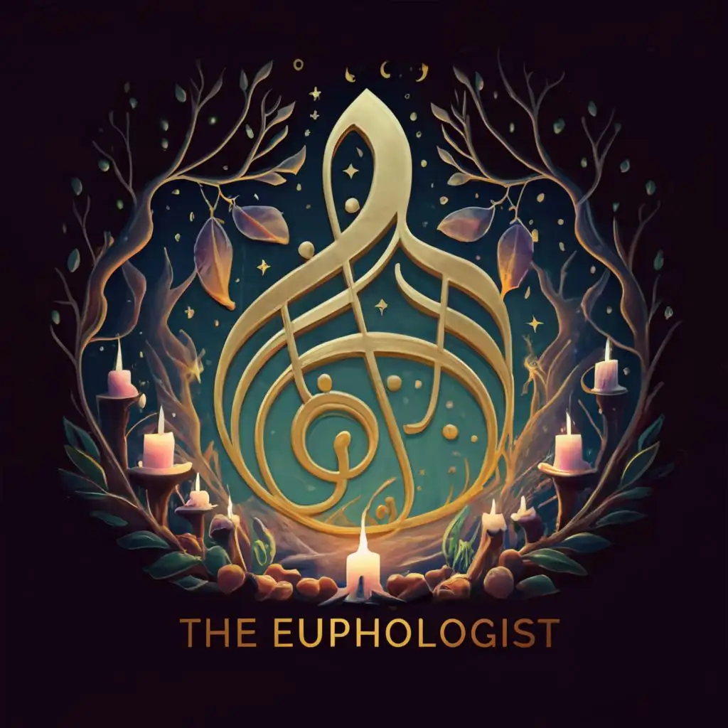 a logo design,with the text "The Euphologist", main symbol:music notes floating, music notes, beautiful, magnificent, magical, magical forest, candles, open space, background, sparkles, stars, magic, pagan, sigils, music, enchanted forest, forest clearing, flowers, birds,Moderate,be used in Entertainment industry,clear background