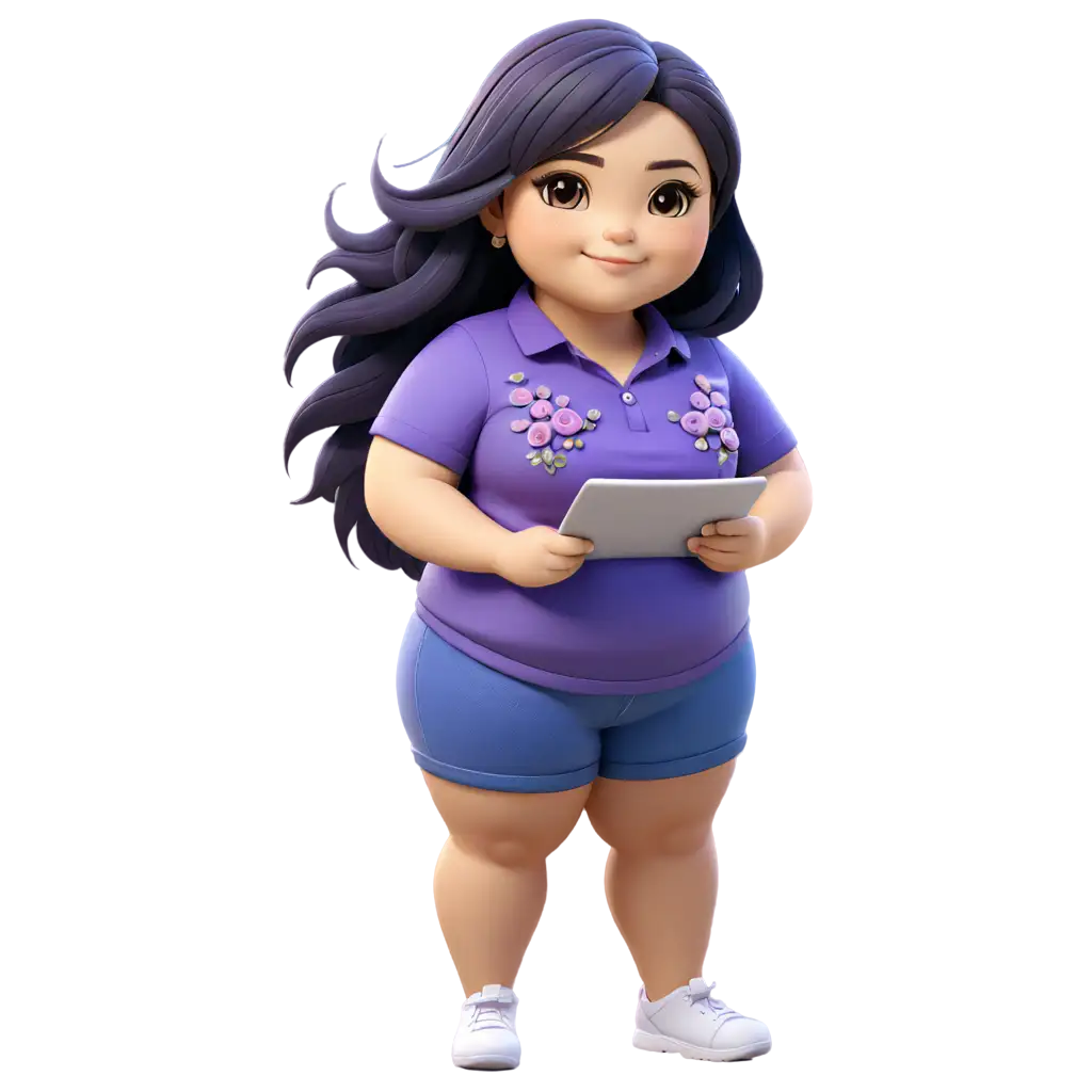 Chibi fat cute girl wearing purple shirt, doing emnroidery