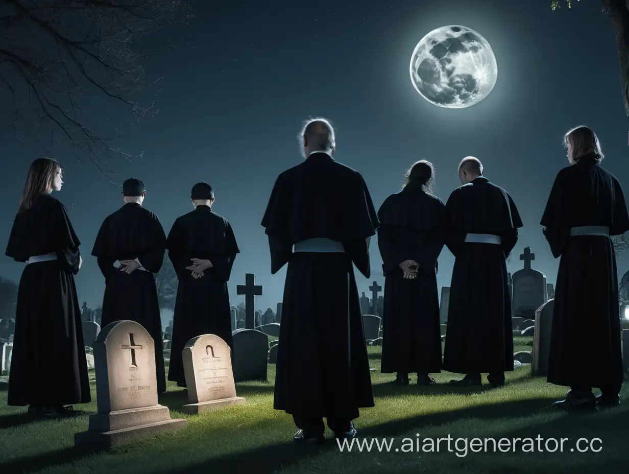 На кладбище, в тени древних надгробий, стоит группа людей в черных балахонах. Луна освещает их лица, отражаясь в их глазах.
