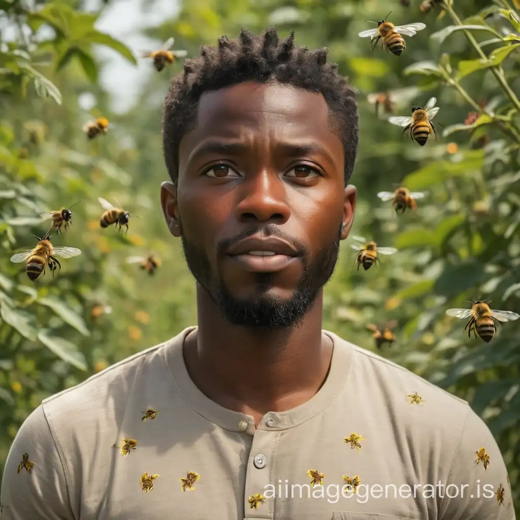 Thoughtful-Nigerian-Man-Immersed-in-Honey-and-Bees