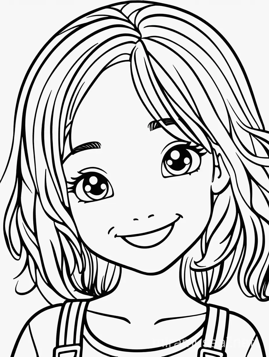 Coloring page for kids, cute female children smiling, black lines white Background 
