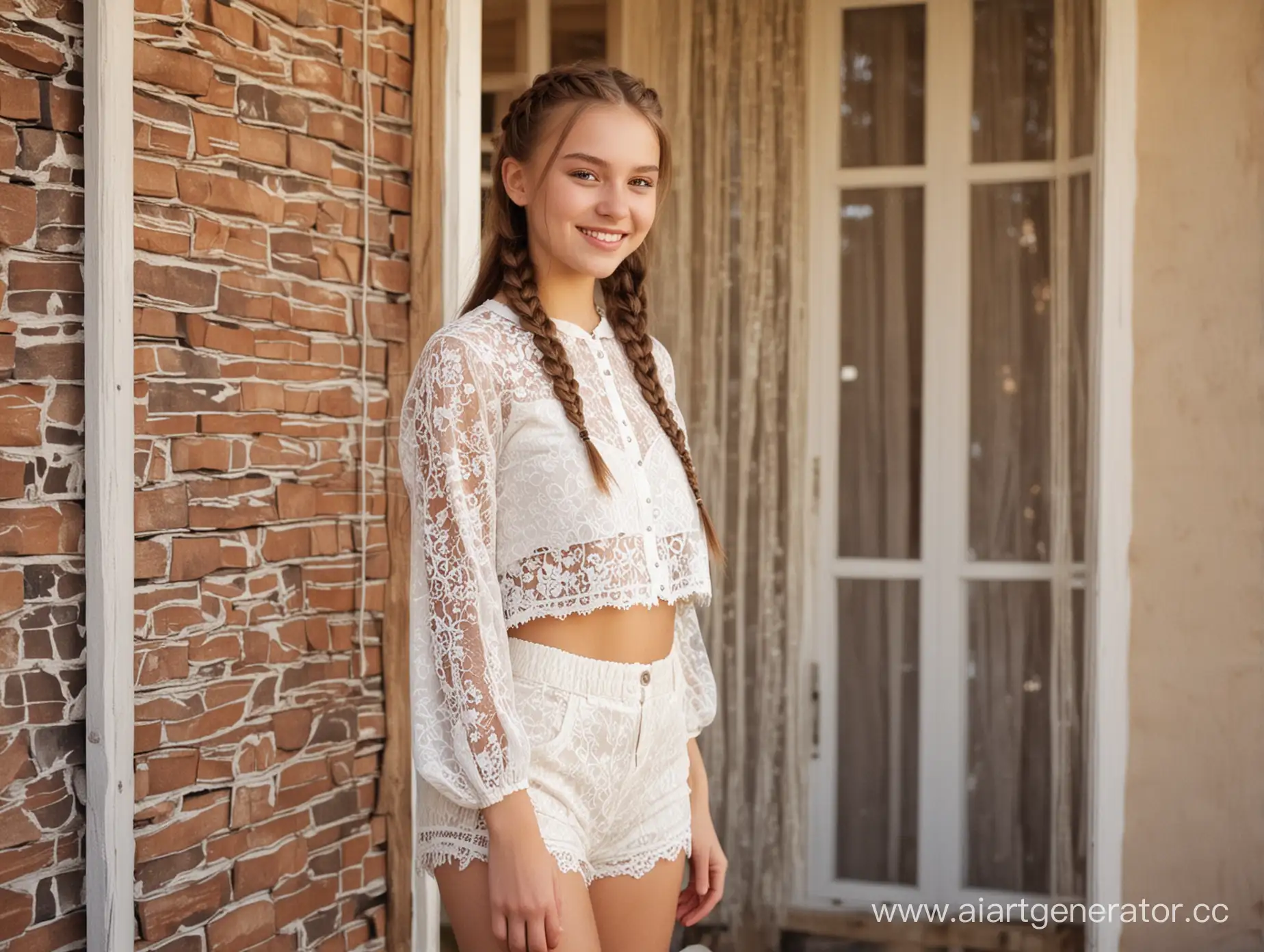 Smiling-Russian-Girl-in-Lace-Shorts-and-Braids-at-Country-House-Portrait