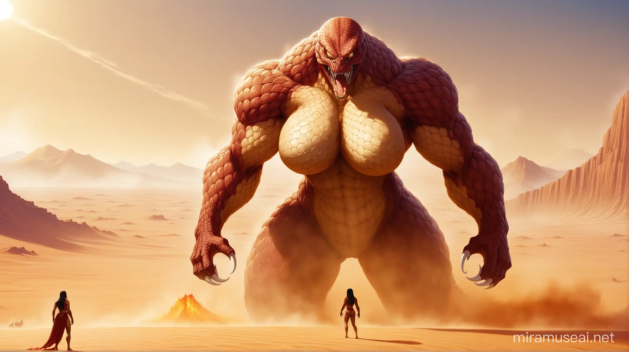 a half-snake woman, angry, heat, hot, big breasts, mutant, monster, sand, desert background, giant, titan, colossal.
