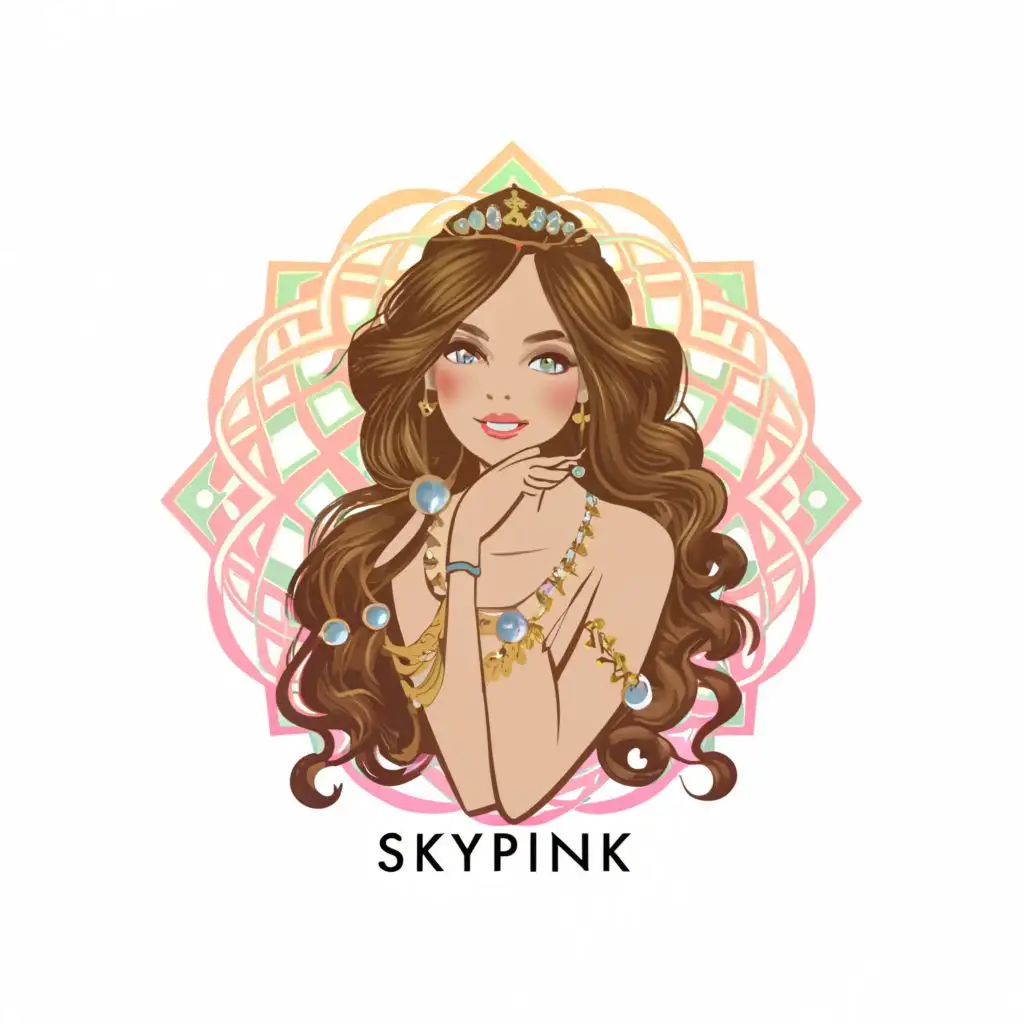 a logo design,with the text "Skypink", main symbol:Girl with wearing sparkling bracelet and necklace,complex,clear background