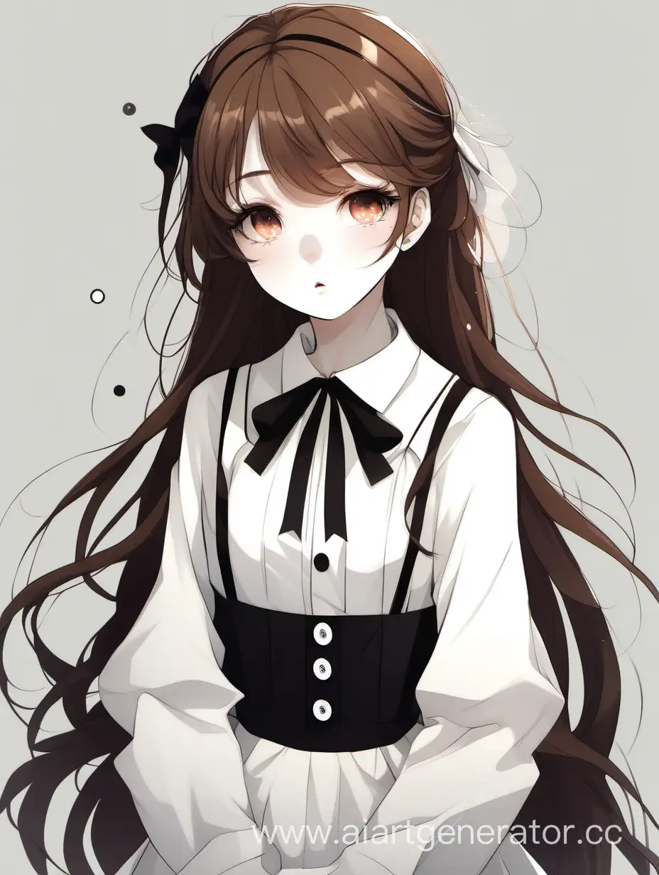 girl with brown hair, white face, black eyes, white pupils, black dress with long sleeve, white buttons cute art