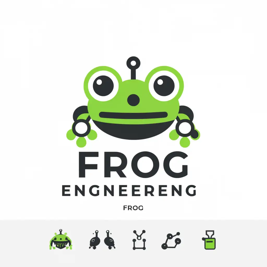 a logo design,with the text "FROG", main symbol:cartoon frog with robotics, engineering and the logo name underneath it,Minimalistic,be used in Nonprofit industry,clear background