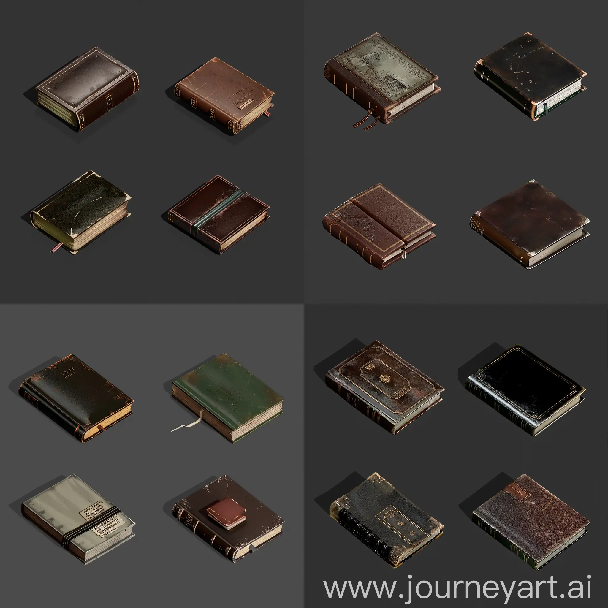 https://i.imgur.com/Do8RrB5.png realistic photo of isometric set old simple worn book without labels in style of unreal engine 5 realistic 3d game asset, shiny, lighting, leather cover, isometric set --chaos 10 --iw 2