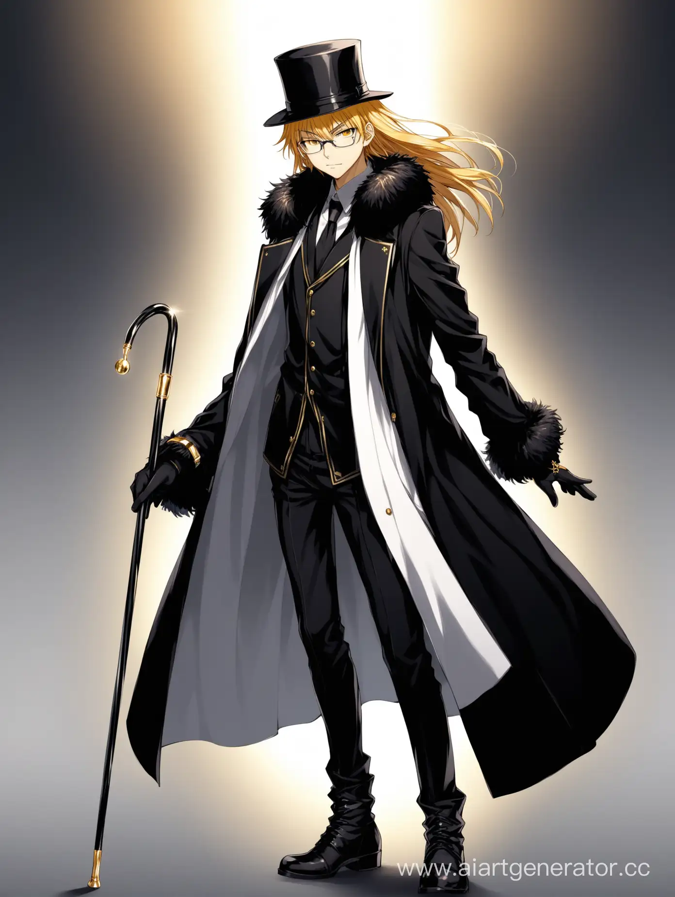 Toaru Majutsu no Index, Aiwass, young handsome teenage boy, with long golden hair, bright golden eyes, black long stylish coat, fur collar, fur sleeves, top hat, black elegant cane, black boots, black glasses, black gloves, silver rings, platinum bracelet.