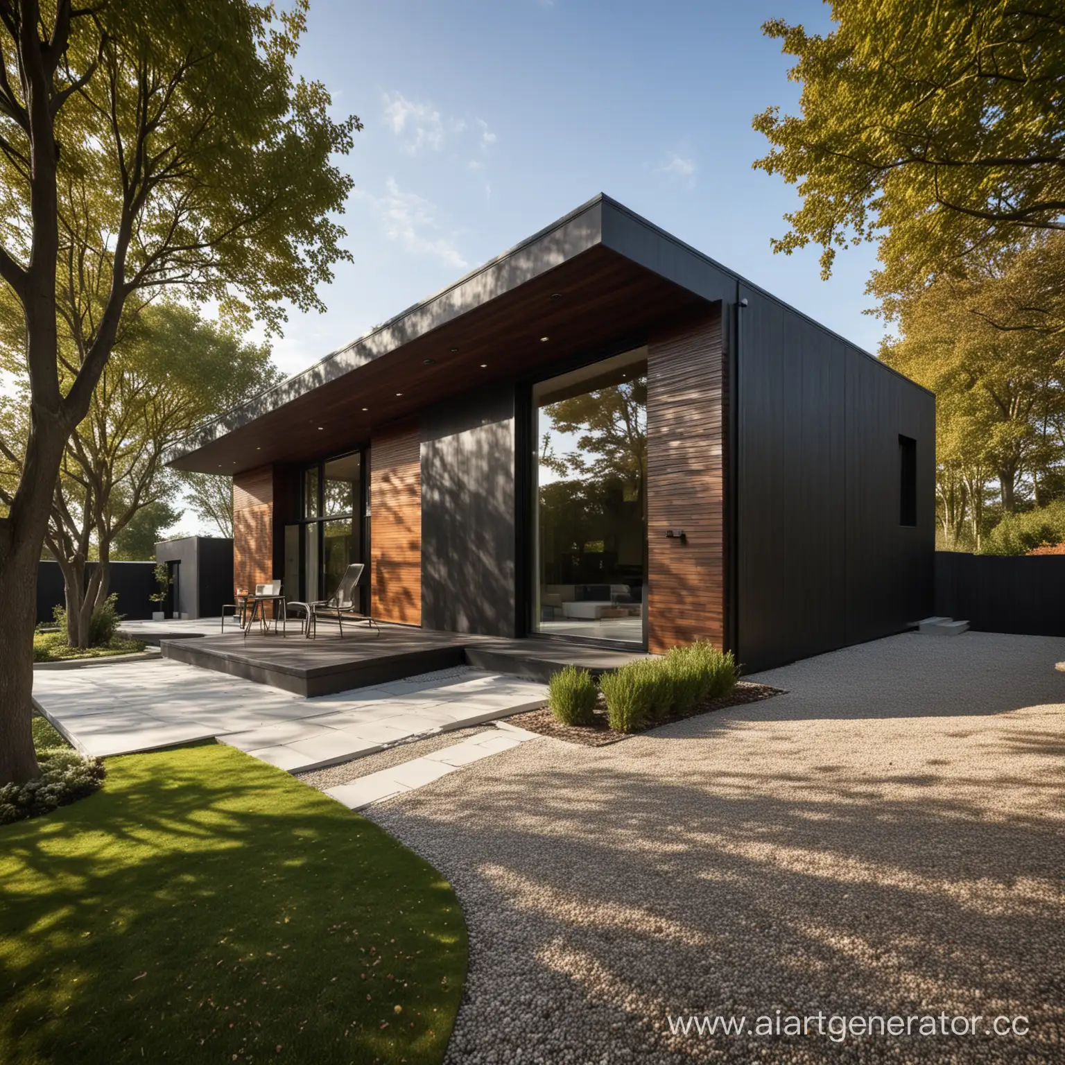 Contemporary-OneStorey-House-with-Flat-Roof-and-Dark-Wood-Facade