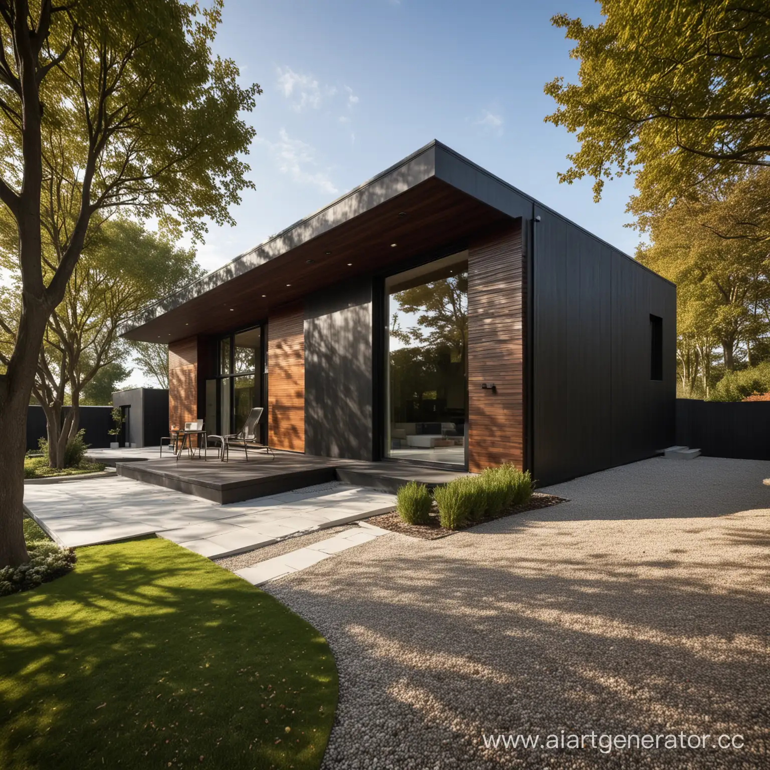 CONTEMPORARY one-storey house FLAT ROOF DARK WOOD facade