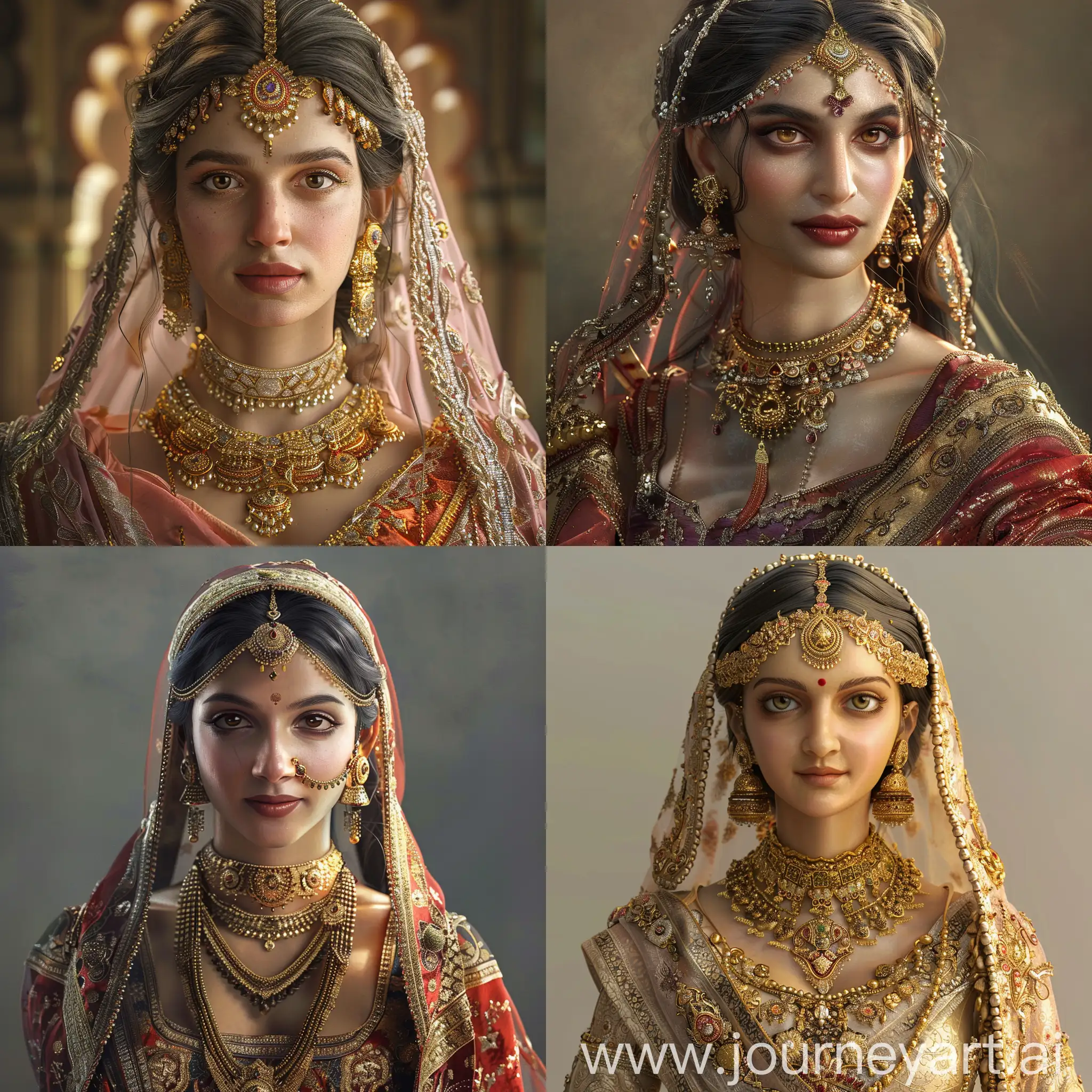 An exquisitely detailed and photorealistic portrayal of Shree Rajput Padmavati that captures her enchanting beauty and grace. She is adorned in luxurious traditional Rajasthani royal attire, embellished with elaborate gold jewelry. Her poise is dignified, reflecting her noble heritage, and her features are rendered with fine attention to capture her legendary allure."