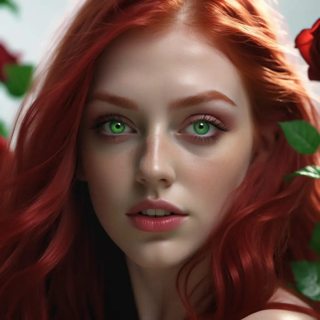 Create a hyperrealistic head close up photography of Magella Green,  long red hair, green eyes, perfect face, perfect lips, perfect teeth. Roses petal in the air. High definition 8k image, octane render