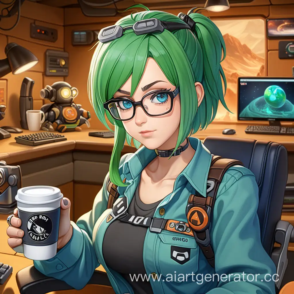 deep rock galactic, mission control, аниме тян, зеленые волосы, синие глаза, кружка с кофе в руках, очки, расстегнутая рубашка