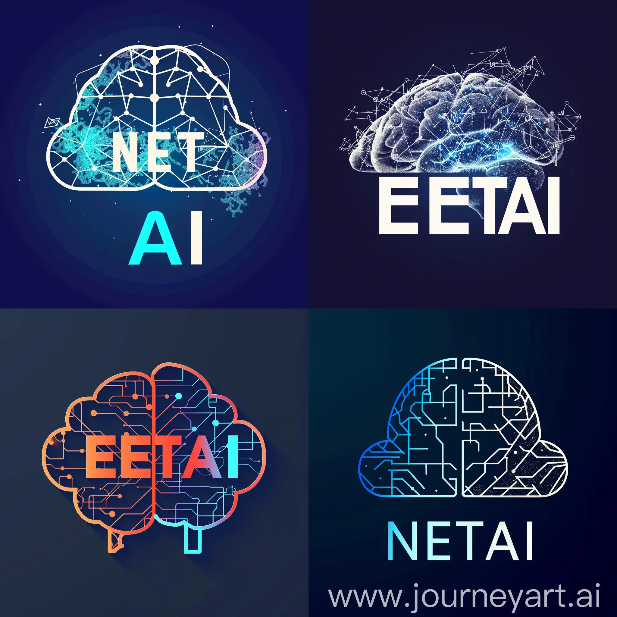 Design of a corporate logo, meaning network-wide AI, with the letters NETAI. The graphic is designed as a cloud (NET) on the outside, and a brain fold (AI) formed by the data flow inside.