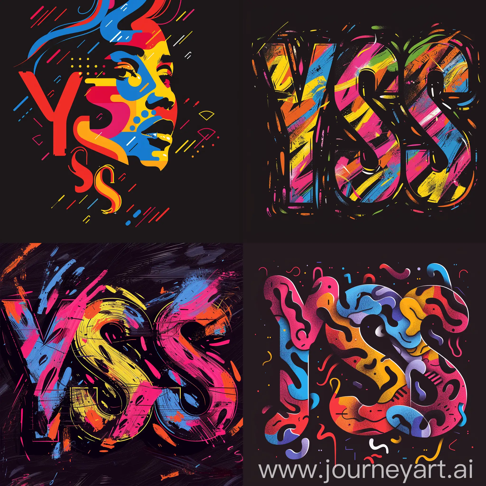 буквы "YSS" сливаются в узор, который ассоциируется с изображением грустной сестры, абстрактный логотип с контрастом черного и ярких цветов, --s 400