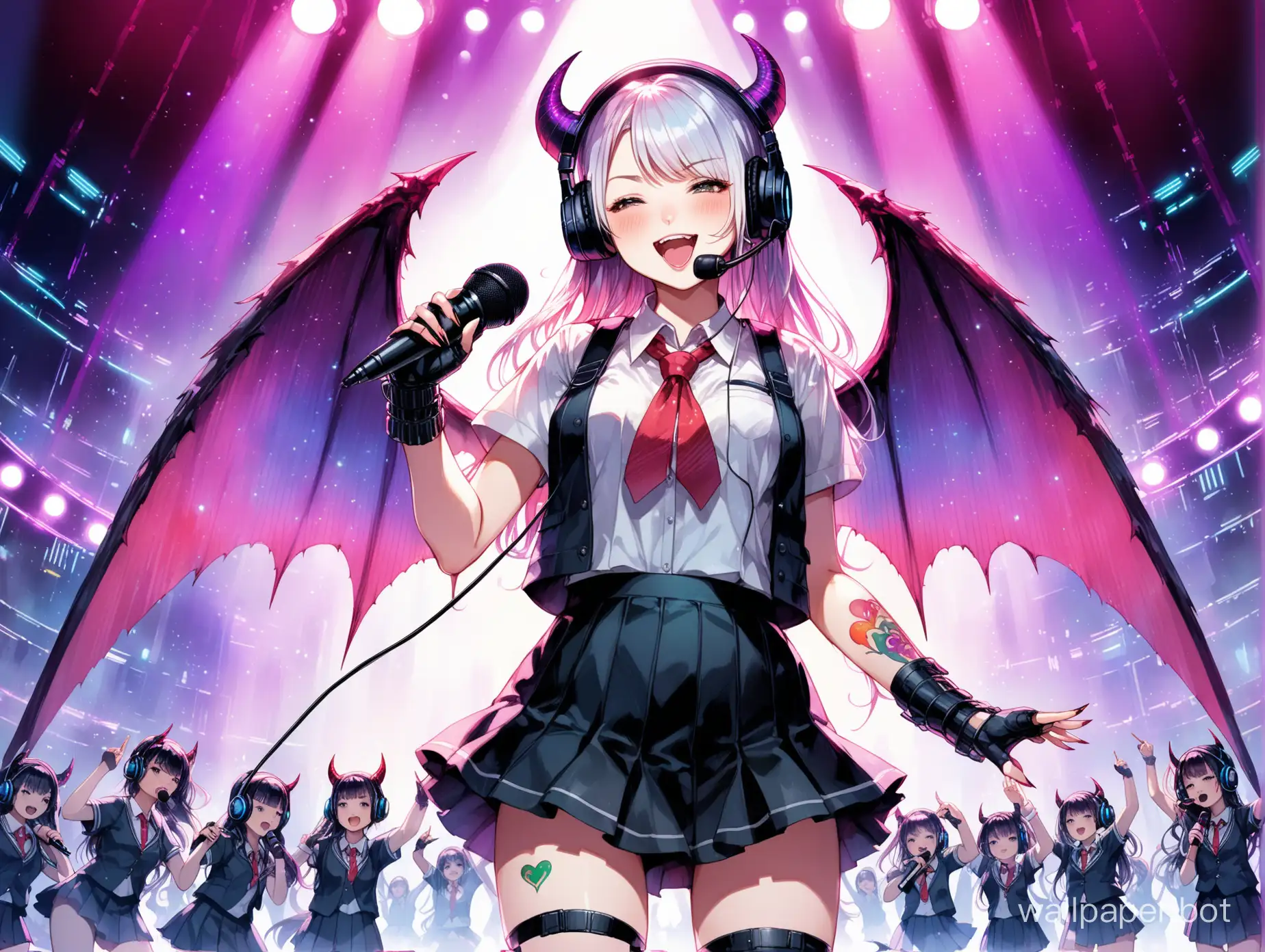 (best quality), ((masterpiece)), ((ultra-detailed)),(highres), original,(illustration), ((detailed light)),(an extremely delicate and beautiful),(colorful)watercolor (medium) ,(((straight-on))),(cyberpunk),(stage),((cute face)),succubus,((detailed school_uniform)),frills,(skirt1.2),fingerless gloves , (Microphone,singing song,happy,)demon hron,demon wings,thigh strap,(headset),(heart tattoo),delicate fingers,sharp_fingernails,