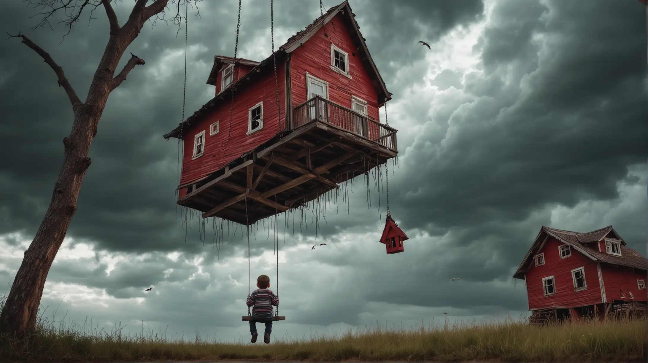 Kid in a swing looking at a flying red house. horror in the sky
