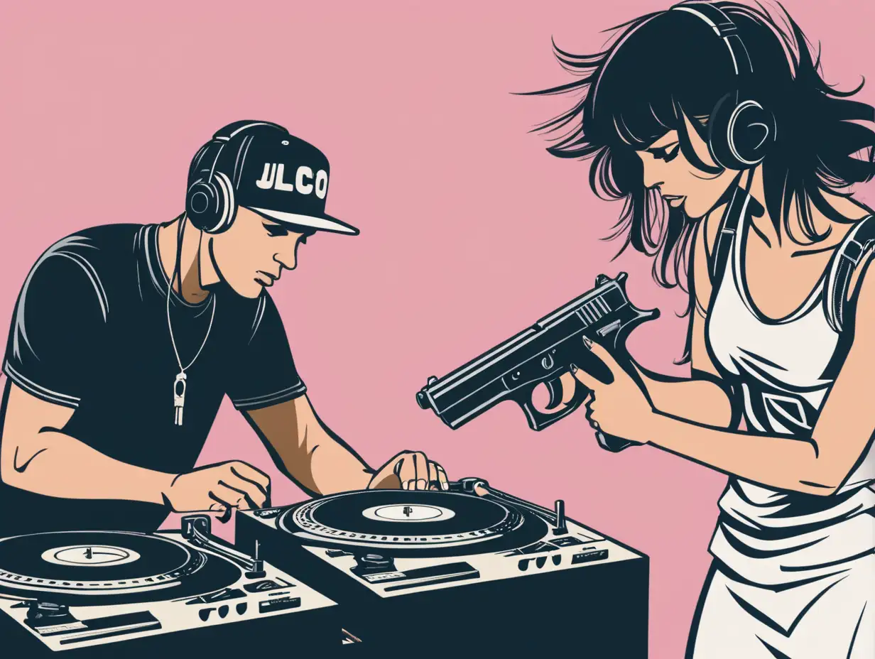 Innocent male DJ is cueing up a record. A tough female stands him with a gun.