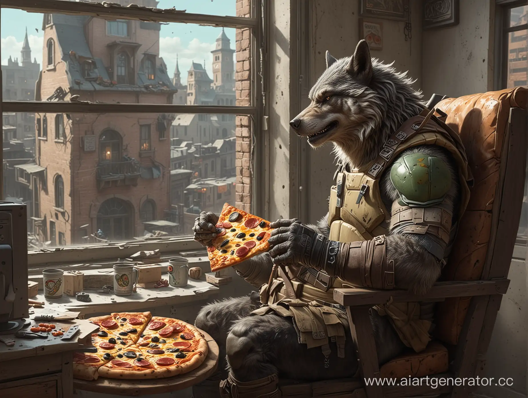 Postmodern-Scene-Grizzled-Wolf-Gaming-while-Ninja-Turtle-Offers-Pizza