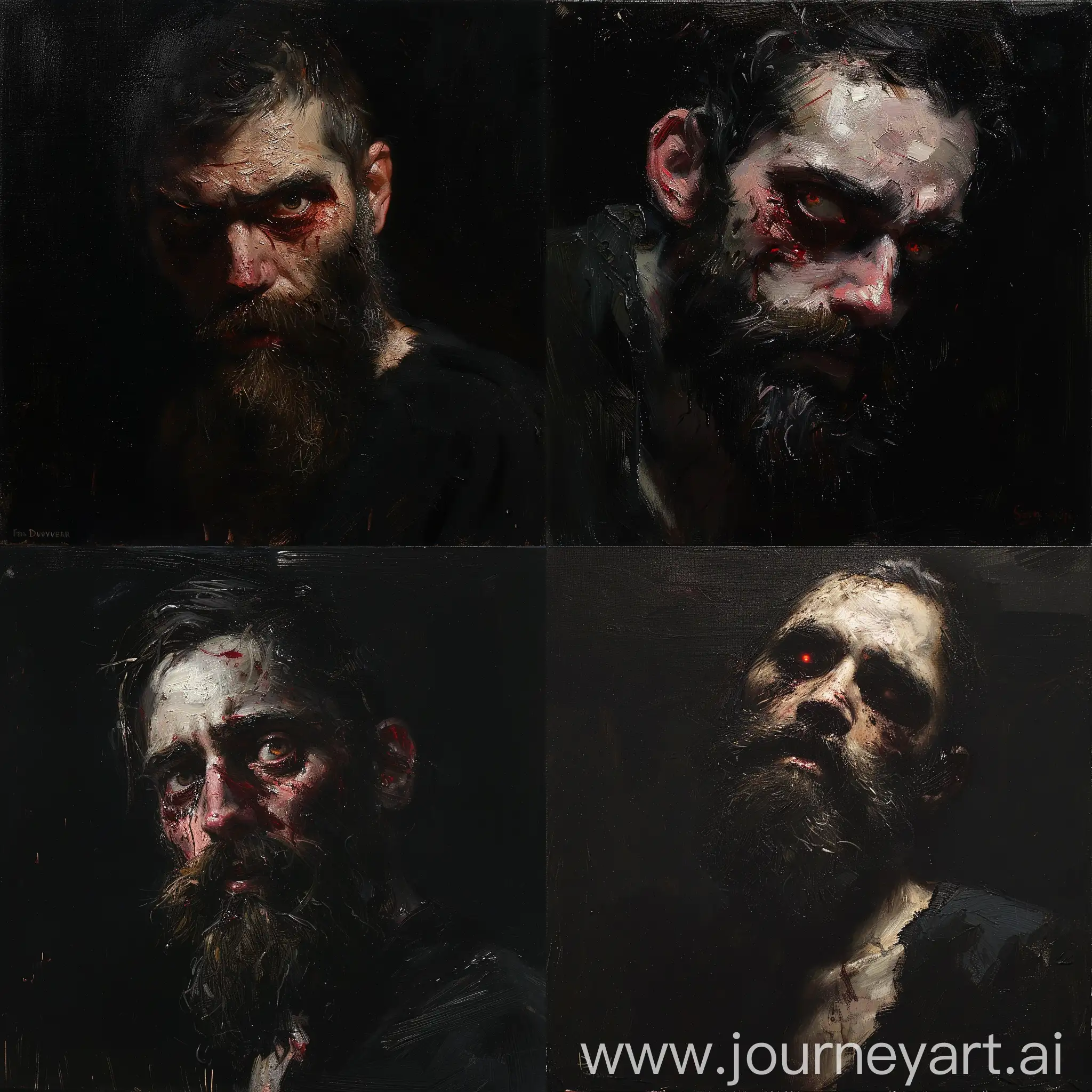 Dark painting of a bearded man with bloody eyes by Frank Duveneck, Oil sketch, wlop John singer Sargent, jeremy lipkin and rob rey, range murata jeremy lipking, John singer Sargent, black background, jeremy lipkin, lensculture portrait awards, casey baugh and james jean, detailed realism in painting, award-winning portrait, amazingly detailed oil painting, brushstrokes, Sean cheetham, details, well painted, good colors, strong shadows, black background 