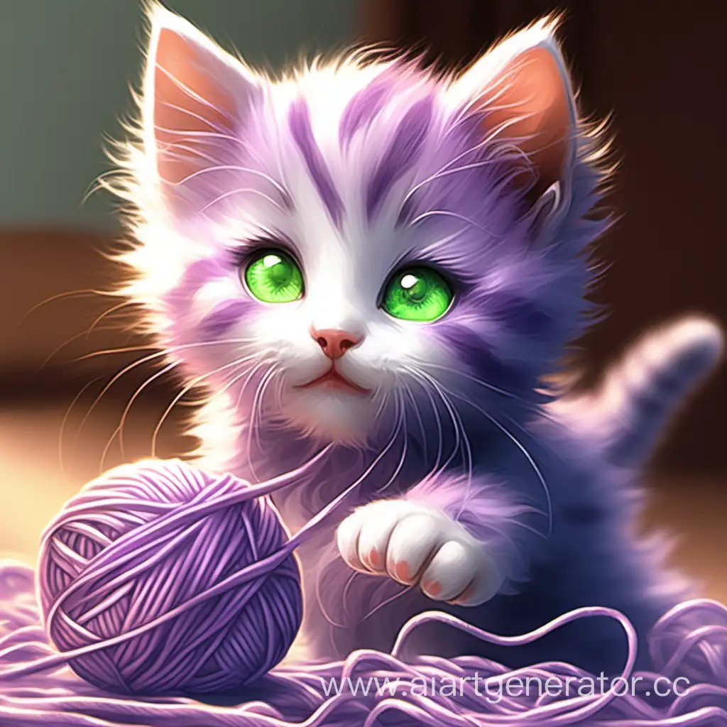 Котёнок с сиреневой шерстью играет с клубком ниток и у него зелёные глаза
