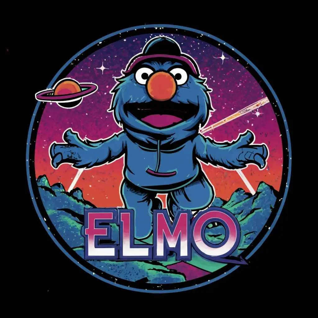 a logo design,with the text "ELMO", main symbol:Elmo from muppets that fly in the space,wearing a black hoodie and a baseball black hat
The logo should be round
Its forma telegram
,complex,clear background