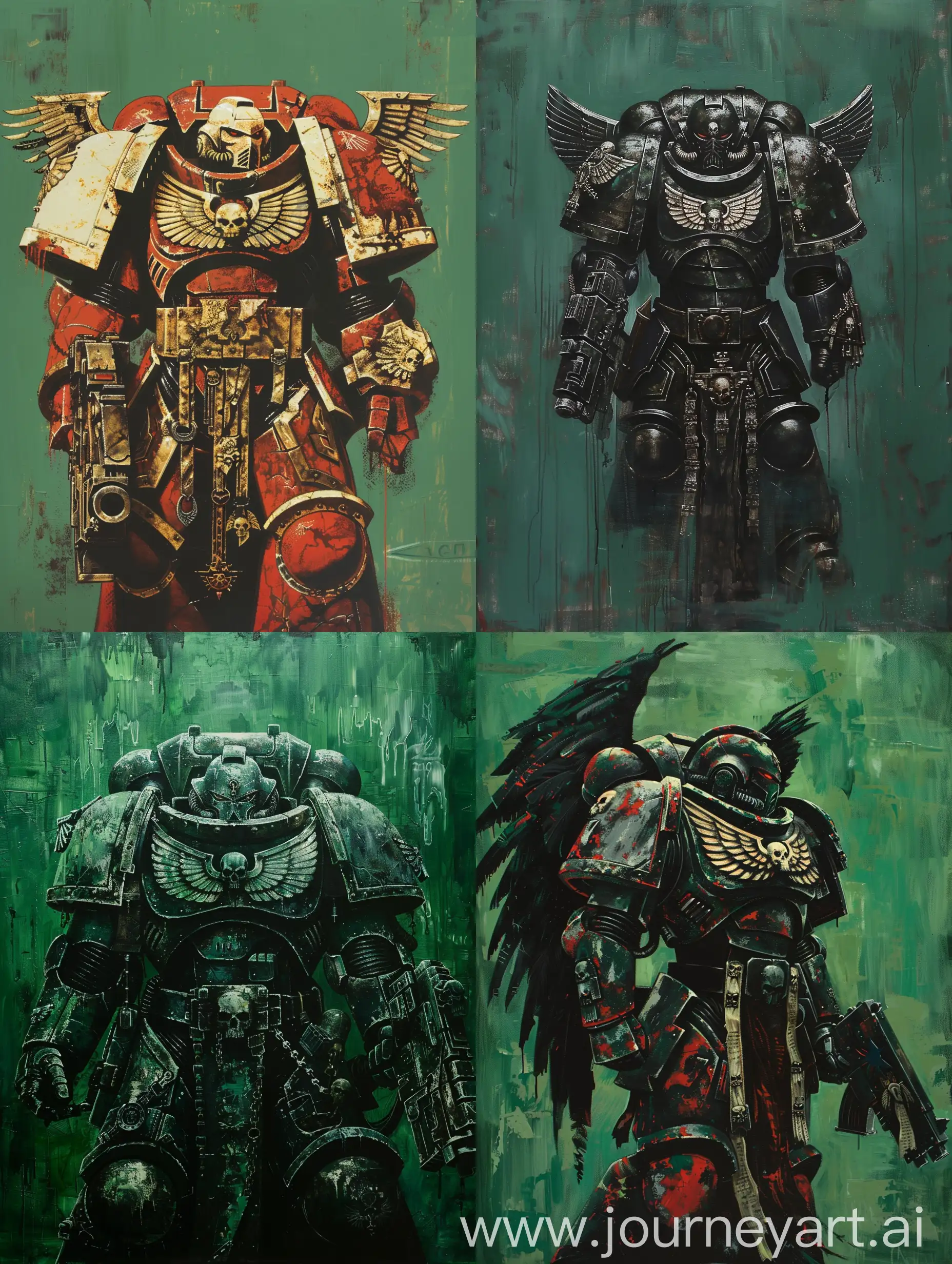 A painting of The Dark Angels from the Warhammer 40k universe. The background is russian green.