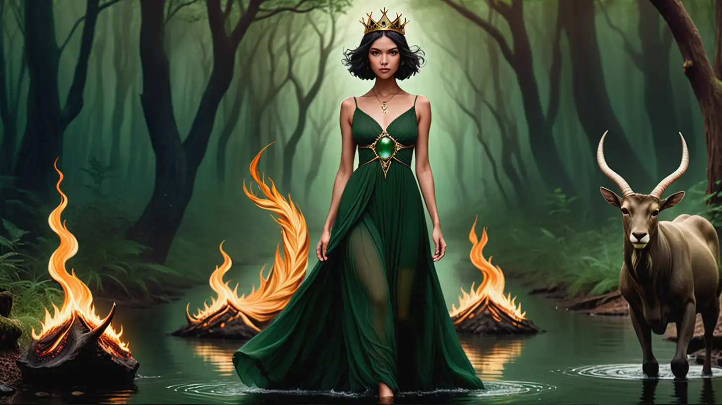 Regal Caretaker in Earthy Green Dress Walking Through Elemental Forest