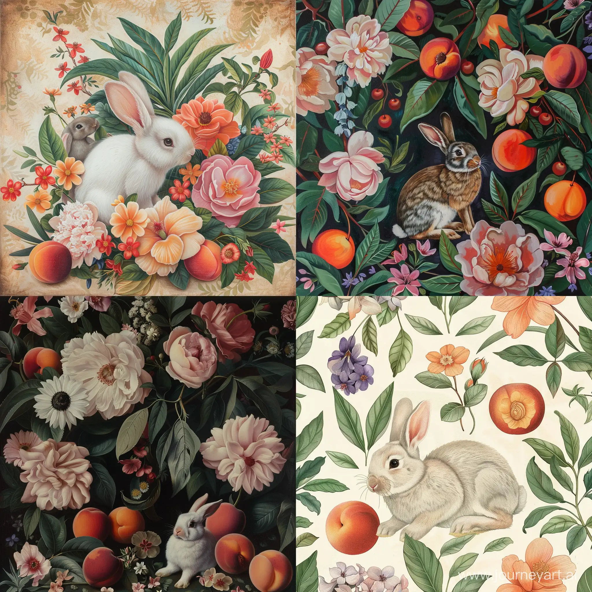 Rococo art style painting, flowers, peaches, leaves, bunny