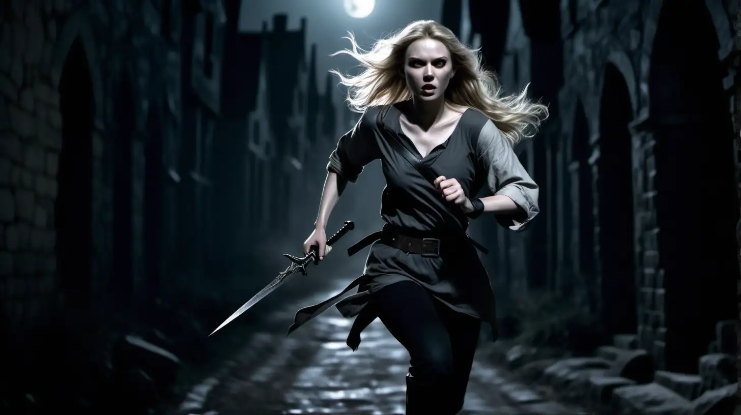 on the side of the image a woman with flowing blonde hair in a short grey tunic and black pants holds two daggers as she runs through a dark village in the moonlight and is surrounded by shadows. she is wearing black slacks. she has a weapons belt strapped to her waist and knee high black boots.  