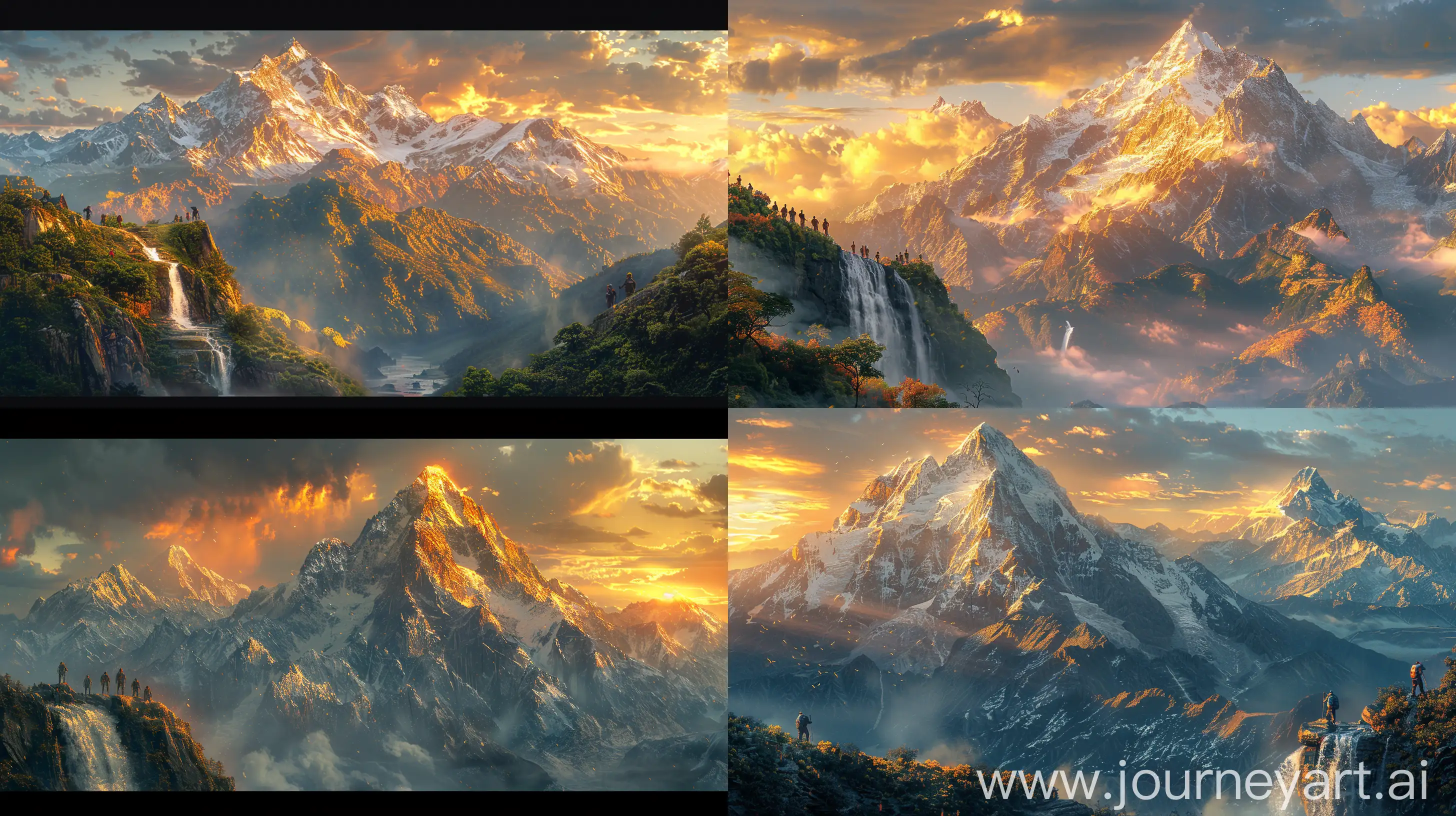 !mj1 Majestic Himalayan landscape inspired by Christopher Nolan's IMAX cinematic scenes and Ansel Adams's photography, serene with mountaineers, cascading waterfall, snow-capped peaks, golden light on mountain, hyper-realistic, panoramic view --ar 16:9 --s 700 --v 6