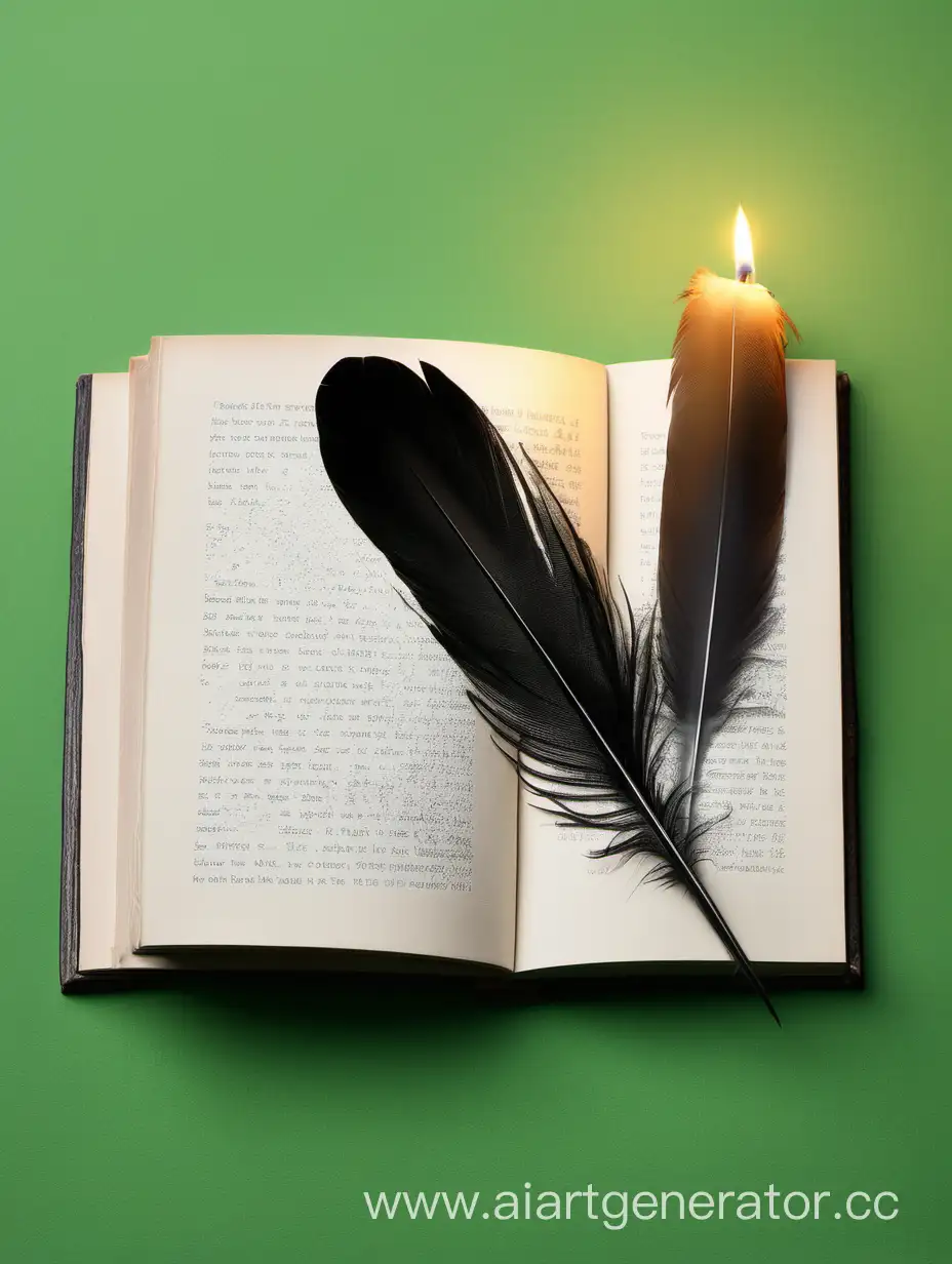 книга перо и свеча на зеленом фоне