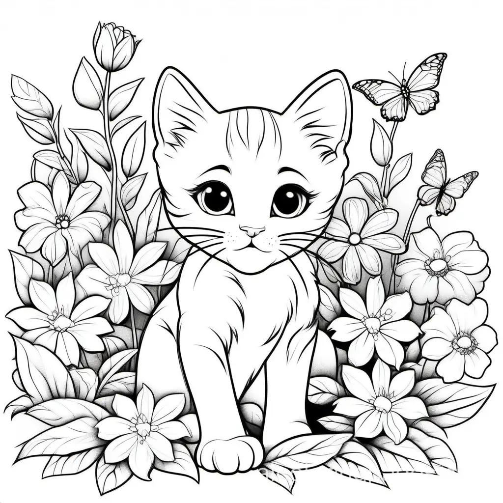 kitten in flowers
, Coloring Page, black and white, line art, white background, Simplicity, Ample White Space. The background of the coloring page is plain white to make it easy for young children to color within the lines. The outlines of all the subjects are easy to distinguish, making it simple for kids to color without too much difficulty
