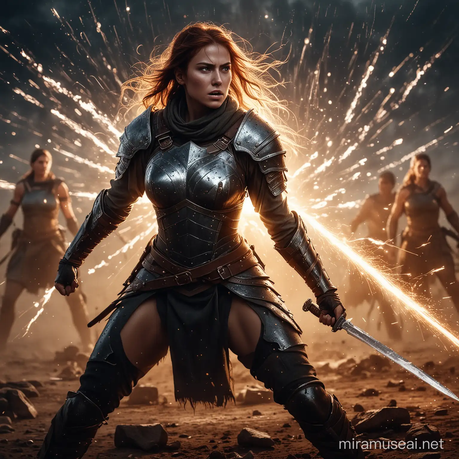 Courageous Woman Amidst Battle with Glowing Sparks and Warriors
