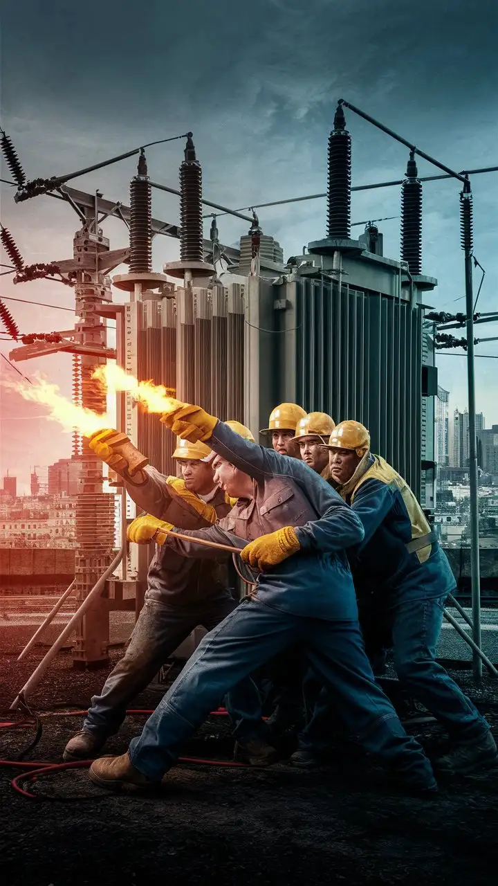 Powergrid workers handling blowtorch 