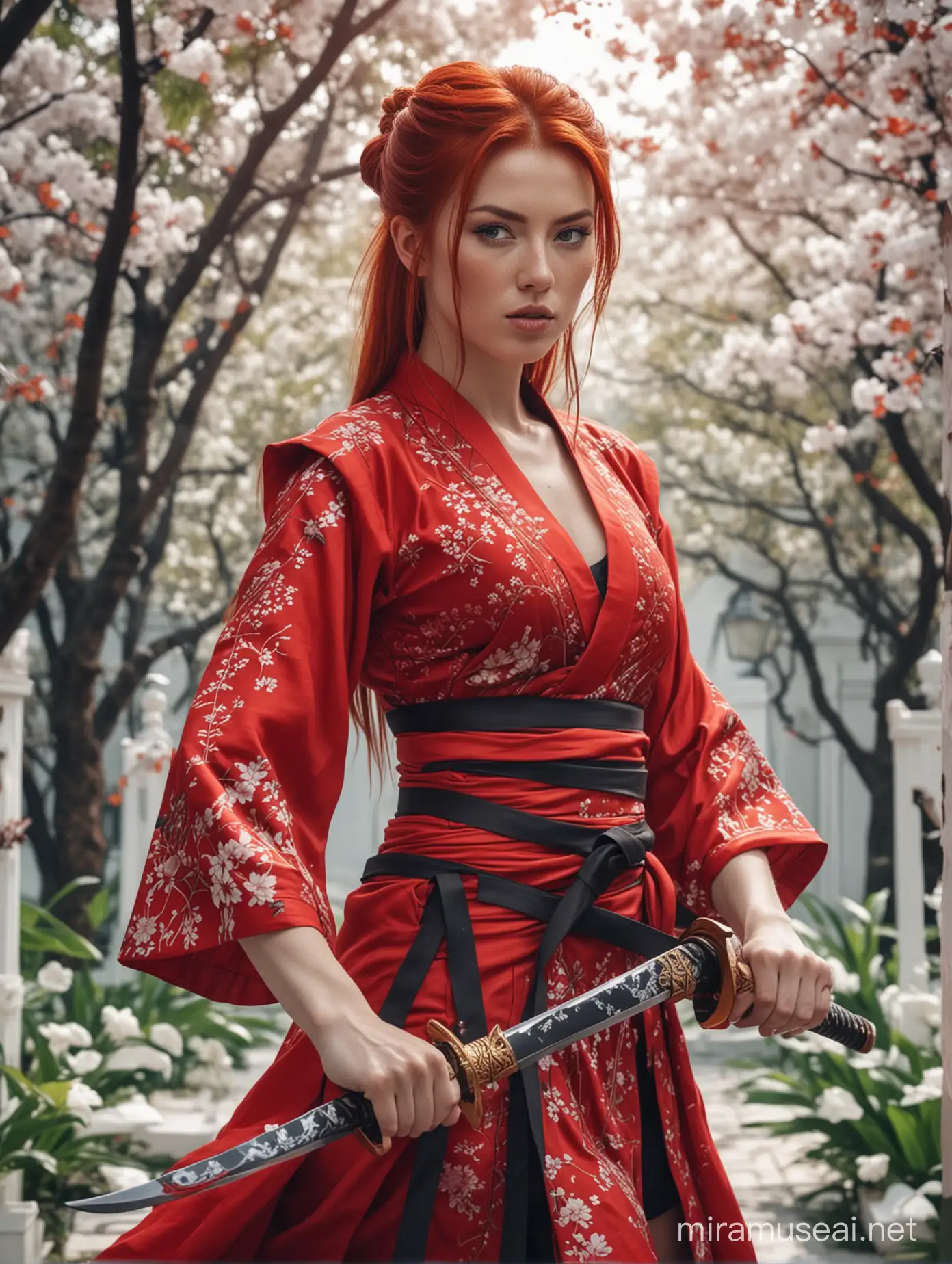 woman warrior with red hair in a red rich dress with a slit in her hand with a katana against the backdrop of a white garden in white neon, full face,  portrait fantasy style 8K detail, 8K quality face full face  portrait
