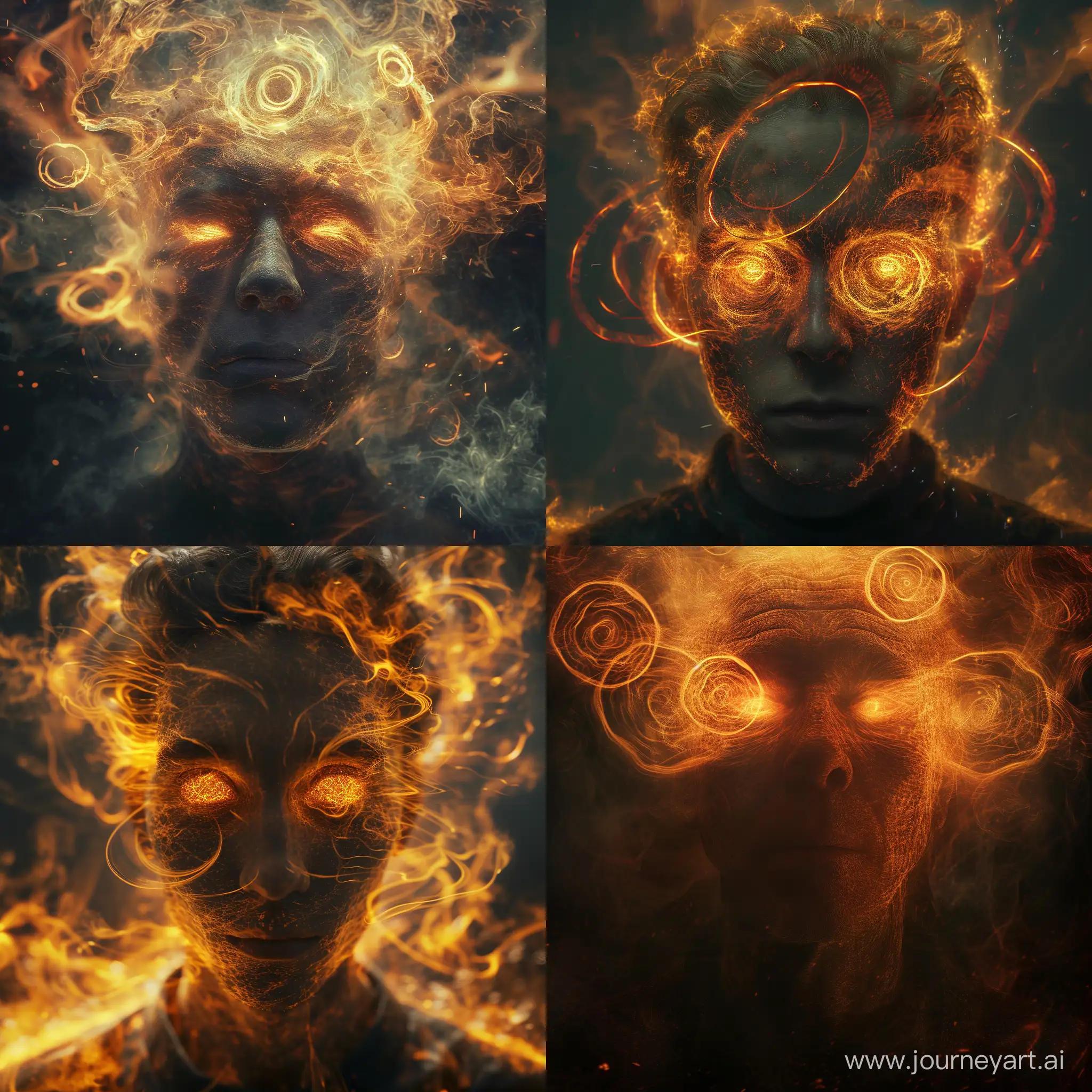 the traveler's face looked like a smoldering coal. The air in front of him was distorted by heat. His eyes resembled rings of flame, shimmering in intricate patterns.