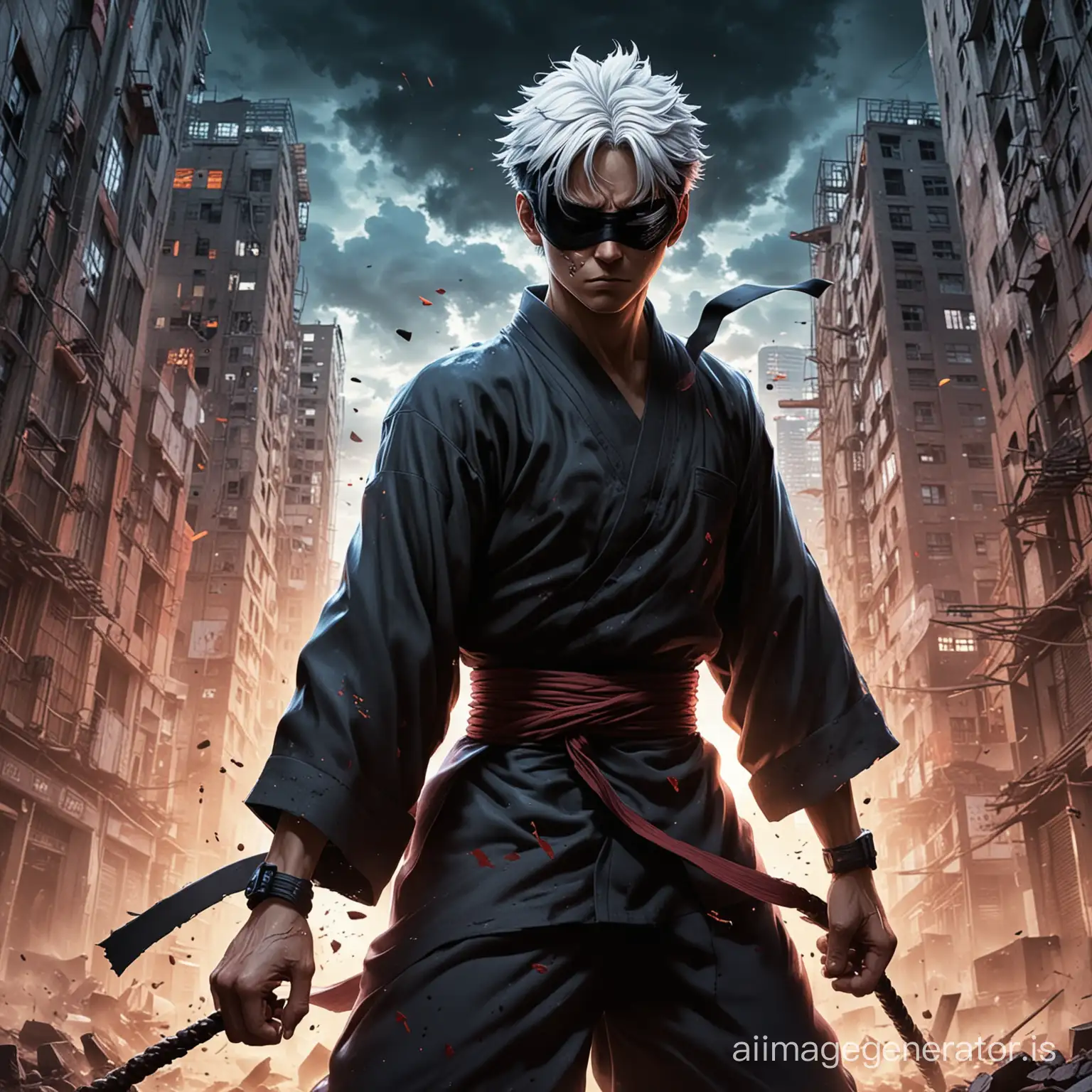 Jujutsu Kaisen's Satoru Gojo, full body, black blindfold, white haired, poised in the heart of a shattered cityscape, channels the immense power of his one-handed Jujutsu art. Surrounded by crumbling buildings and the echoes of battles past, his hair flutters in the tumultuous energy currents his power summons. The mood is electric, charged with the intensity of his focus and the gravity of his solitary stand against unseen foes. His eyes, even one concealed beneath the blindfold, glow with the force of his conviction, casting light in the darkness. This moment, where power and serenity intersect, is captured in a vibrant anime illustration style, bringing to life the dynamic essence of Gojo and his unwavering will. The artwork is executed with bold, sweeping strokes and a vivid color palette, designed to evoke the unique energy of the scene. --ar 16:9 --v 5